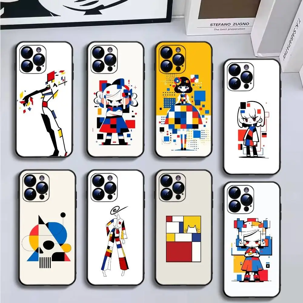 

Mondrian Color Square Art Phone Case For iPhone16,15,14,13,12,11 Plus,Pro Max,XS,X,XR,SE,Mini,8,7,Soft Black Cover
