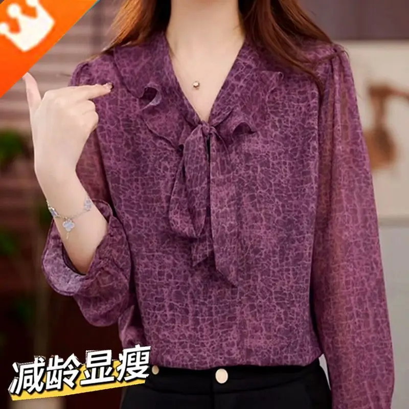 Koszula z długim rękawem chroniąca przed słońcem, cienka, z motywem kwiatowym, z jedwabiu lodowego, luźna bluzka szyfonowa dla mamy, modna, jesień 2025