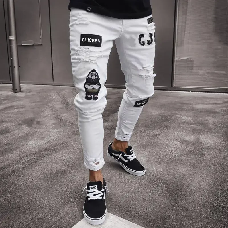 

Mens pants Jeans Men Stretchy Ripped Skinny Biker Embroidery Print Jeans Destroyed Hole Taped Slim Fit Denim High Quality Jean