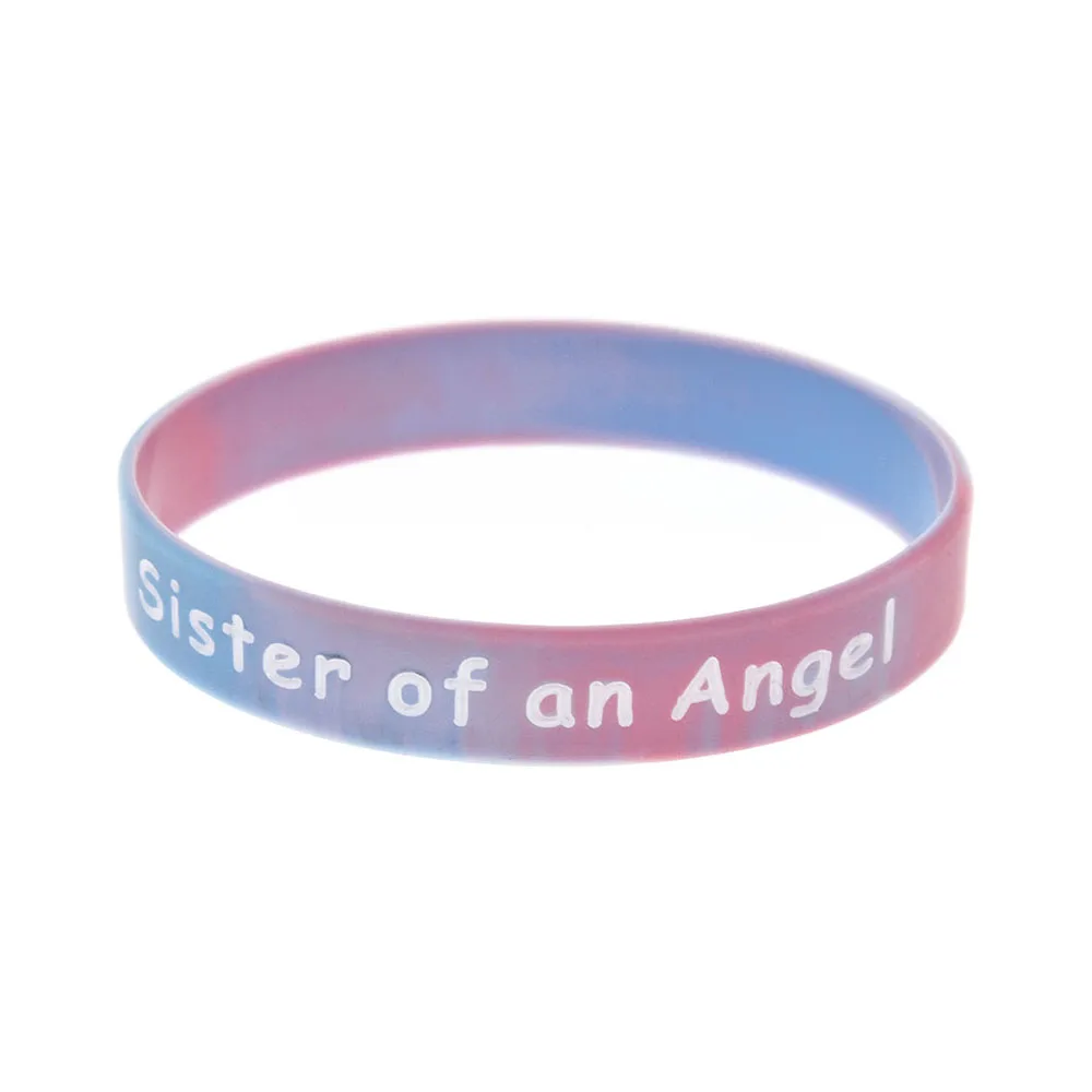 1 PC Sister Brother Of An Angel Silicone Wristband Debossed Logo Swirl Color