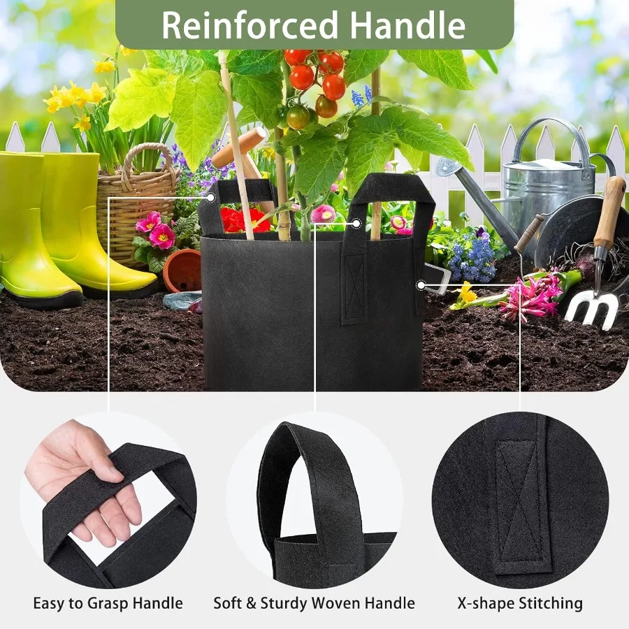 أكياس زراعة سعة 1 جالونًا مكونة من 24 عبوة من أوعية النسيج السميكة للنباتات ومقابض قوية وملصقات خياطة معززة باللون الأسود