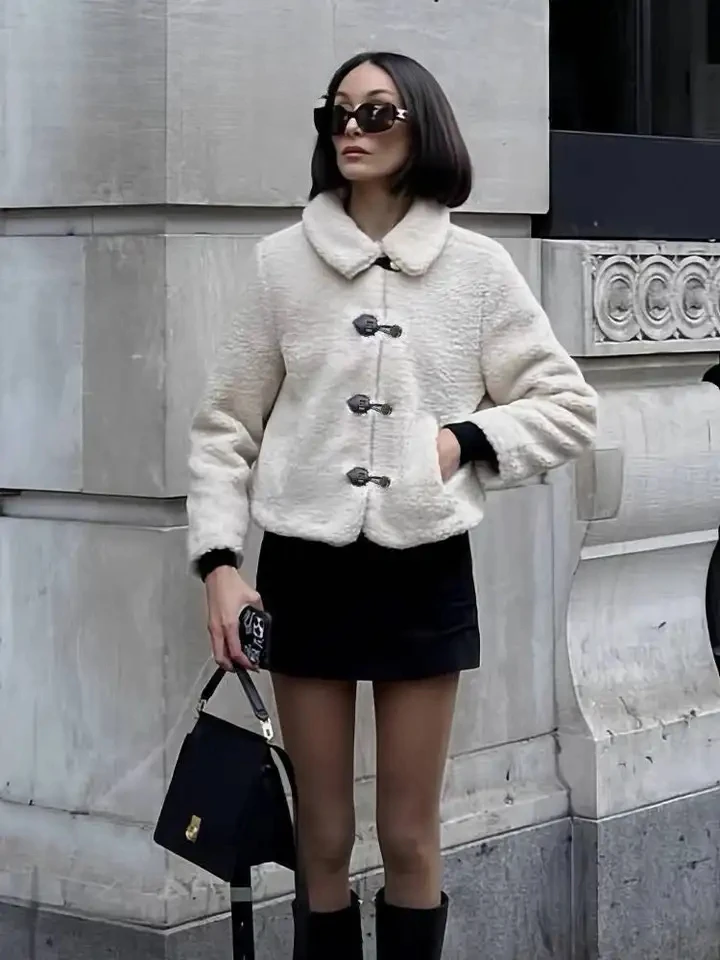 

BWQ Soft Shell Jacket Coat Independent Station Long Sleeve Turn-down Collar Pocket Decorated Casual Women's Woolen Coat