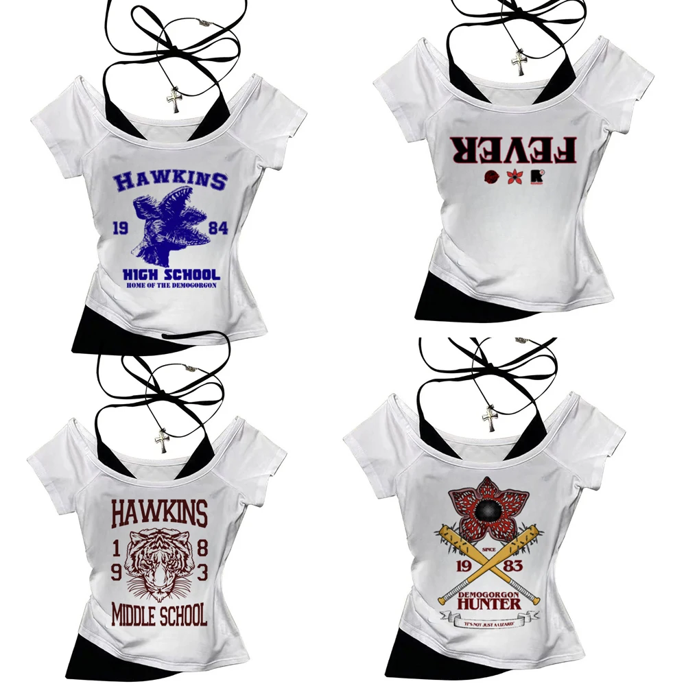 Hawkins Demogorgon-camisetas básicas Vintage de manga corta para mujer, ropa blanca con gráfico Grunge, camiseta informal para mujer