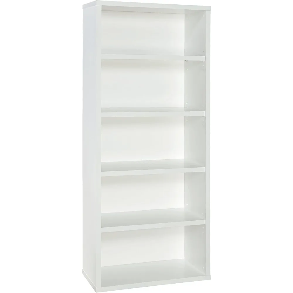 Bookshelf with 5 Shelf Tiers, Adjustable Shelves, Tall Bookcase Sturdy Wood with Closed Back Panel, White Finish