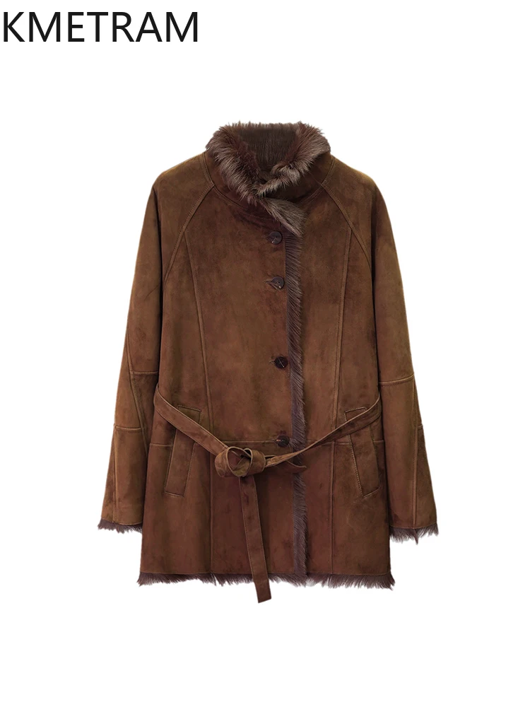 KMETRAM جلد الغنم الطبيعي توسكانا مع الصوف المرفقة معاطف امرأة عالية الجودة البني معطف الفرو الحقيقي ملابس الشتاء 2025 Fourrure