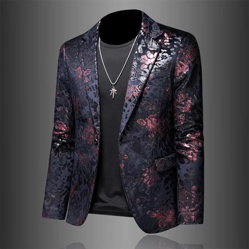 HOO 2024 Men\'s Autumn New Floral blazer Youth Fashion Leopard Jacquard   blazer