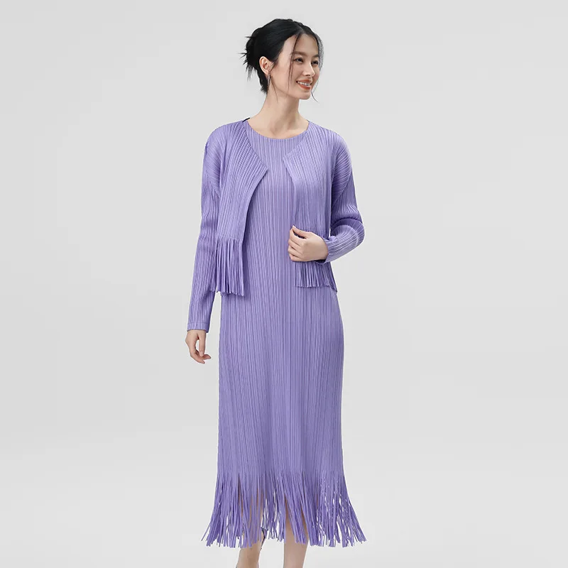 

Casual Evening Party Women Two Piece Solid Color Tassel Long Sleeve Coat Elegant Long Skirt Set Female Birthday Clothing