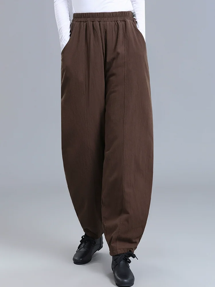 

Винтажные свободные шаровары, 2021, женские зимние новые оригинальные брюки с эластичной резинкой на талии, китайские брюки из хлопка и льна XT1618