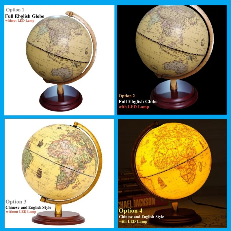 Globe du Monde Anglais et Chinois HD de 20cm de Diamètre, Lampe LED Imprimée, Base Classique en Séquoia ABS 360 °, Artisanat de Salon