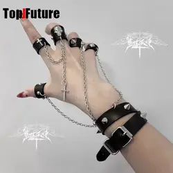 Subcultu Harajuku Gothic Lolita Y2K subculture Dark Punk Gothic  Black PU leather rings Metal rivets  Skull head Chain  bracelet