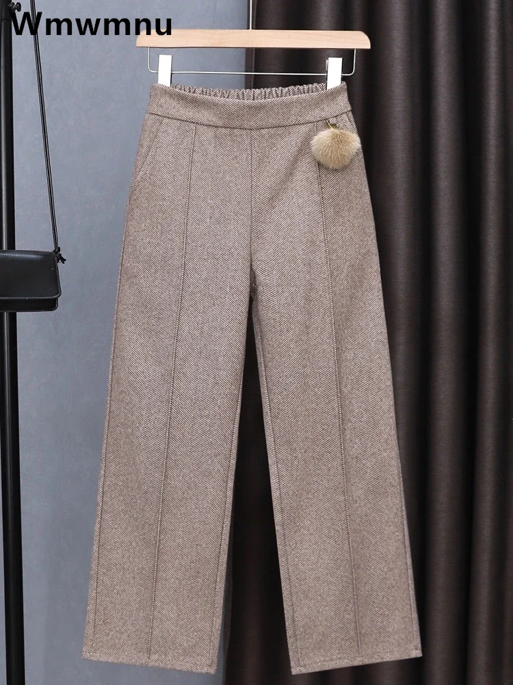 

Big Size 4xl Striped Woolen Wide Leg Pants Women Fall Winter High Waist Ankle Length Pantalones Office Wool Blend Straight Broek