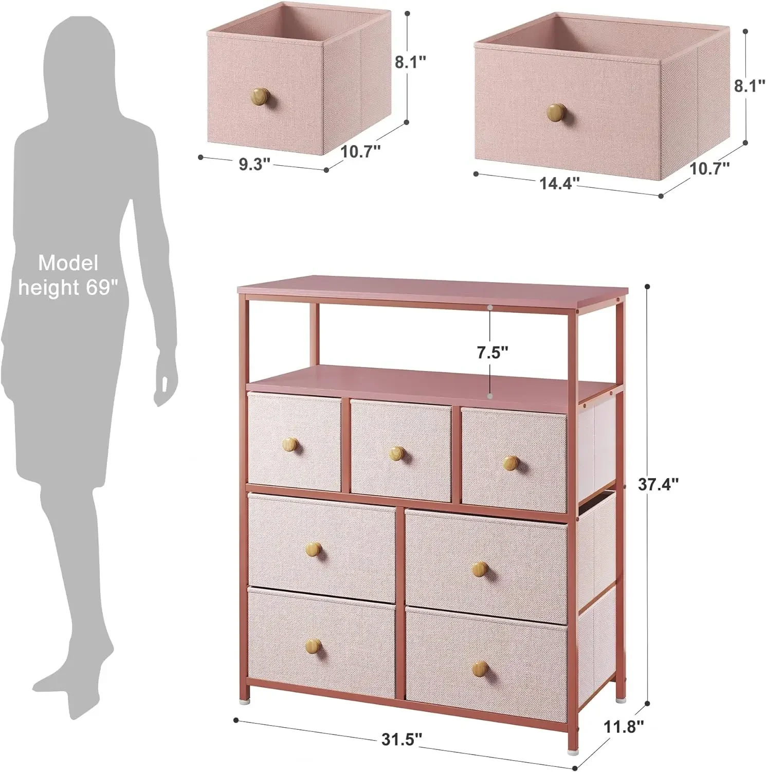 Dresser for Bedroom, Girls Bedroom with Drawers and Shelves, Wooden Top and Metal Frame, Dressers & Chests of Drawers