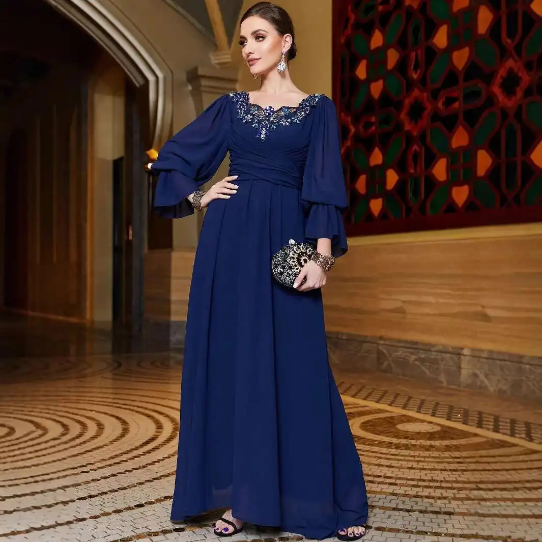 

Ba3122 Navy Blue Chiffon Patchwork Lace Collar Evening Dress, Hand-sewn Diamond Elegant Long Skirt Dubai Luxury Islam Elegant