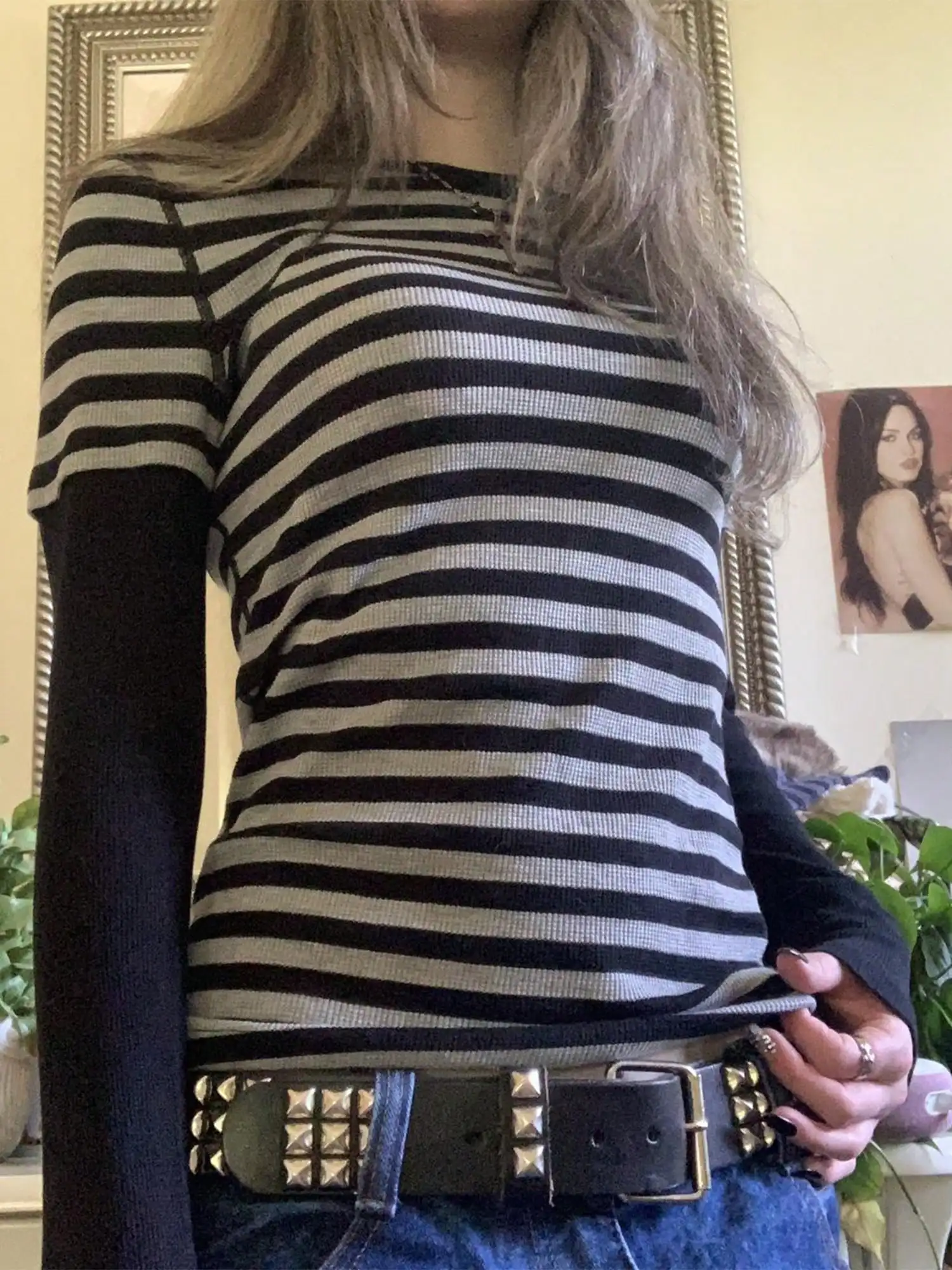 Y2K grunge gestreepte top met lange mouwen, nep-tweedelig, slim fit, gothic esthetische top