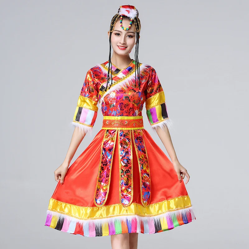 Women Chinese Traditional Stage Performance Costume Tibetan Dance Clothing Woman Festival Water Sleeve Dress Glitter Rave Outfit