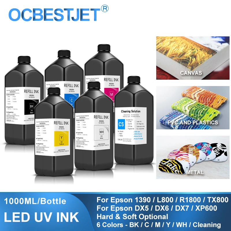 6×1000ML For Epson UV Ink 1390 L800 L1800 L805 R1800 R1900 For DX4 DX5 DX6 DX7 DX10 TX800 XP600 Printhead UV INK Refill Kit