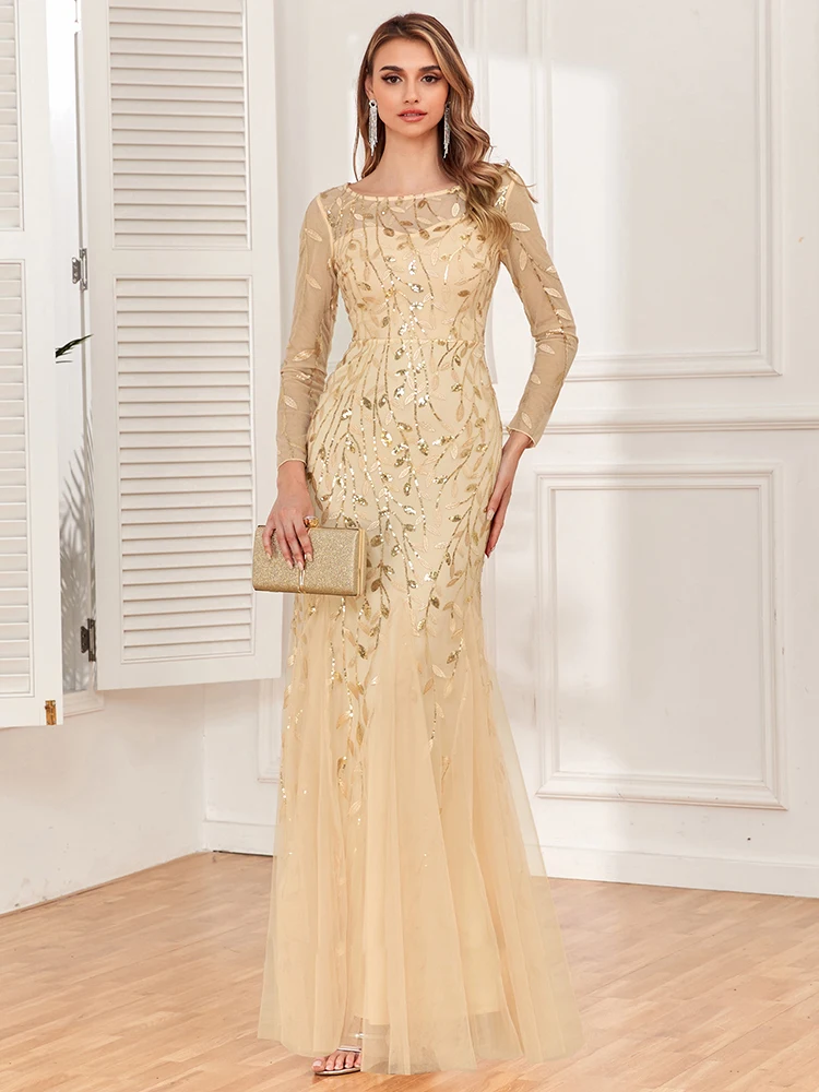 2024 heißer Verkauf Meerjungfrau Abendkleider Oansatz Volle Hülse Tüll Stickerei Lange Party Kleid Elegante Formale Kleid – Detail 13