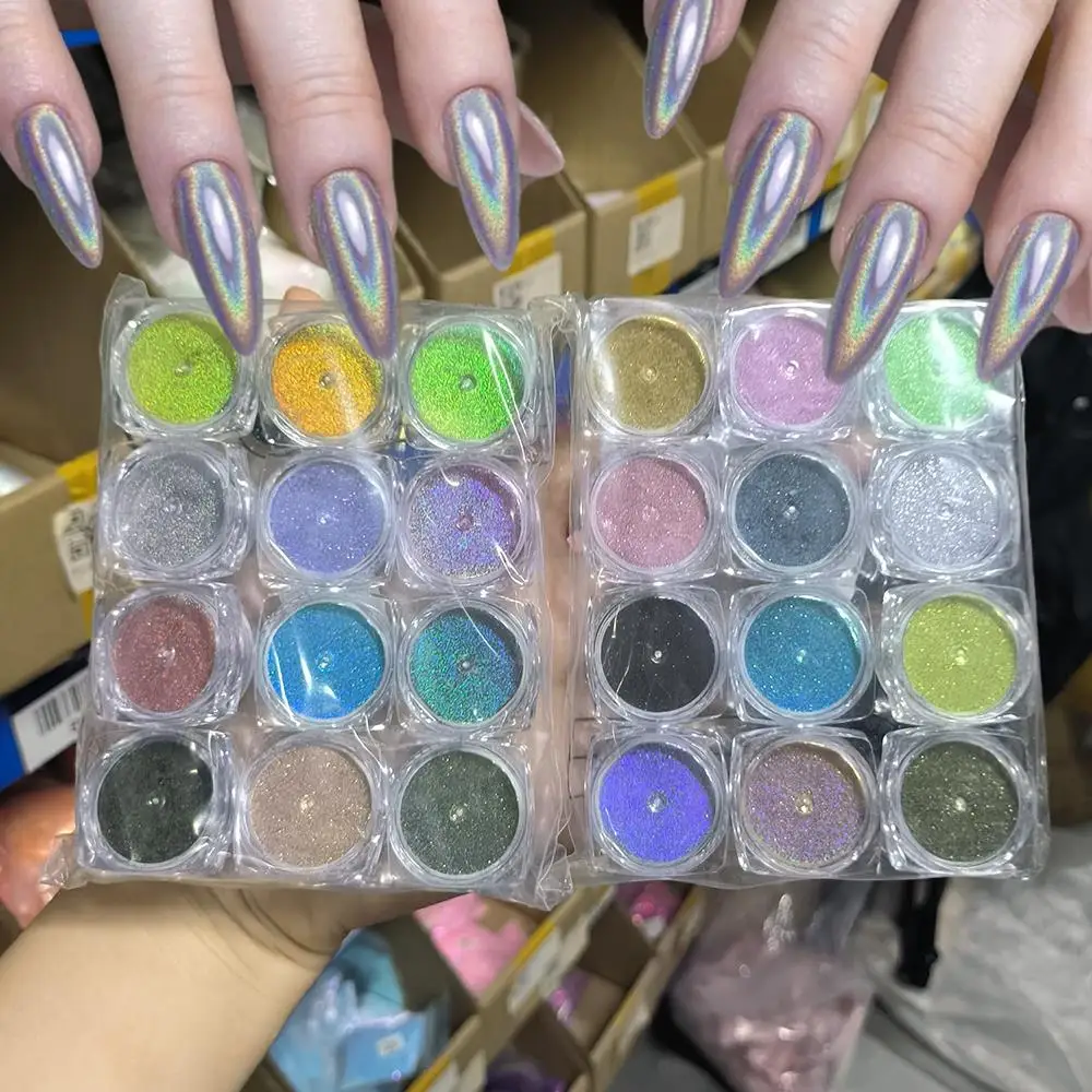 12 لون/مجموعة مسحوق أظافر ليزر متألق فائق النعومة ثلاثي الأبعاد من الكروم الصباغ الغبار لزينة عيد الميلاد والمهرجانات
