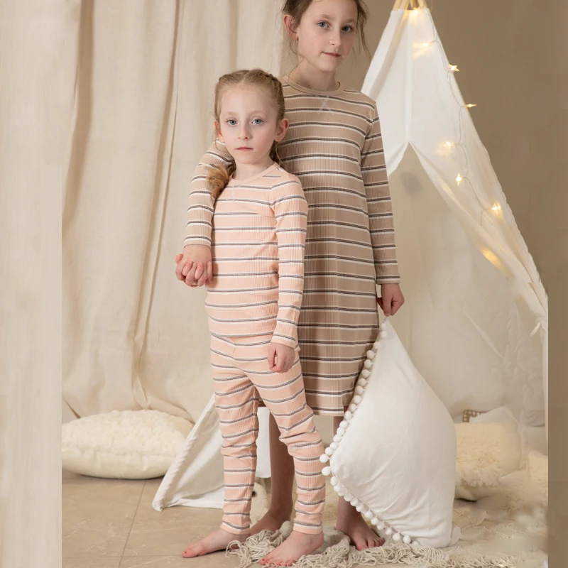 Frühling Sommer Bruder Schwester passende Kleidung Set Baby Mädchen Jungen gestreifte Pyjamas – Detail 2