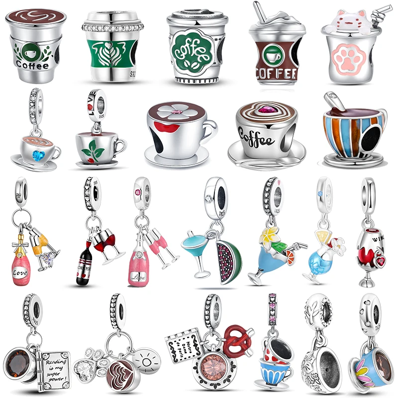 925 Silver Cup Collection Coffee Afternoon Tea Wine Glass Pendant Fit Original Pandora Bracelet Charms Bead Necklace DIY Jewelry