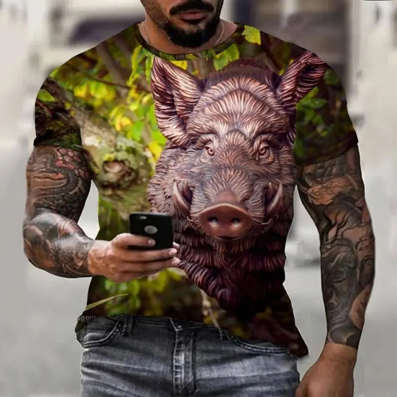 Men's Summer Boar Harajuku Vintage Pattern 3d Printed O Collar Short Sleeve T-Shirt Fashion Personality Fun Plus Size Top