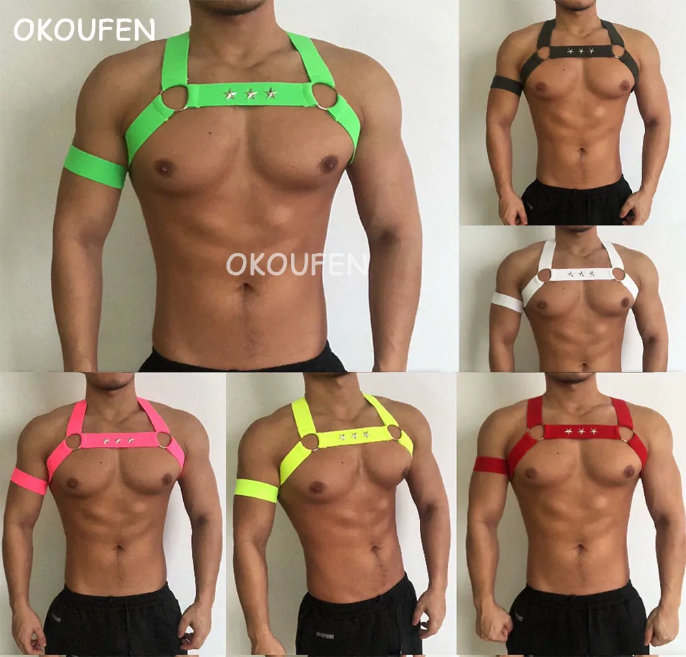 

Nightclub DJ Male Gogo Costume Stage Sports Sexy Club Party Chest Strap Men's Fluorescent Stud Stretch Chest Strap