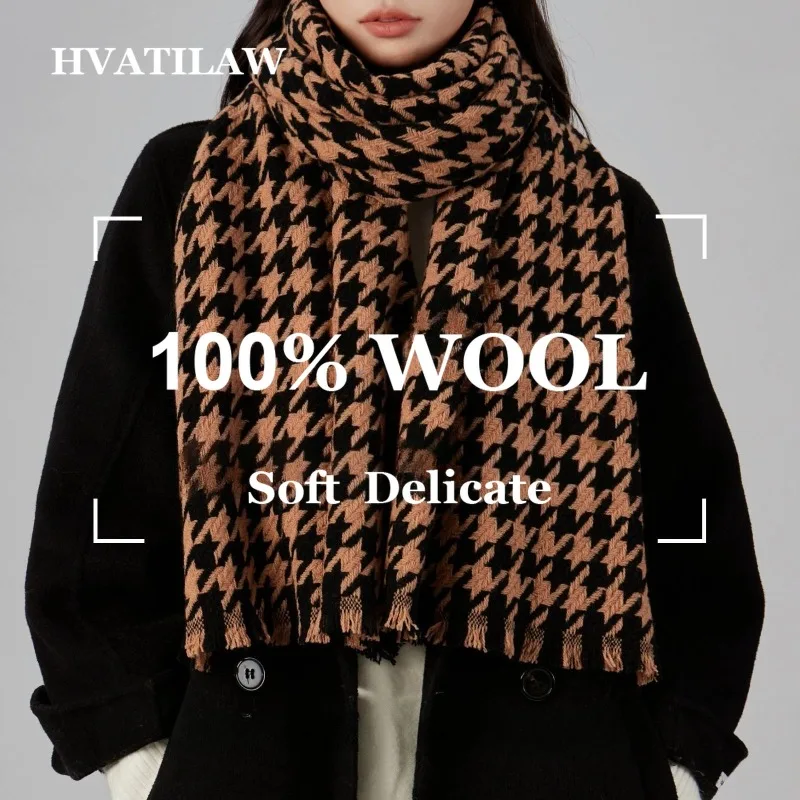 New 100% Wool Houndstooth Scarf Women Winter Warm Soft Thick Shawl Wrap Pashmina Long Neckerchief Elegant Classic Poncho Scarves