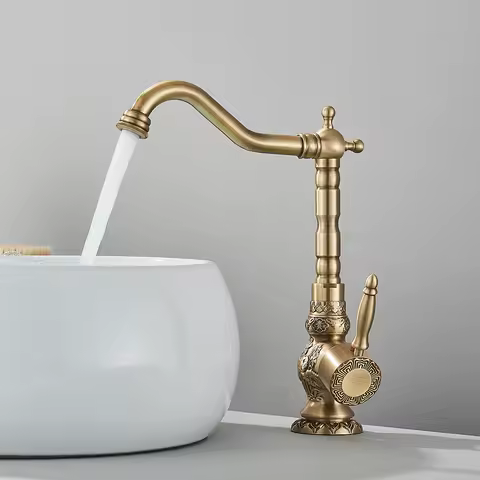 Uythner Kitchen Sink Faucets Retro Brass Antique Bronze Single Handle Kitchen Basin Faucets Deck Mounted Hot&amp;Cold Water Mix Tap