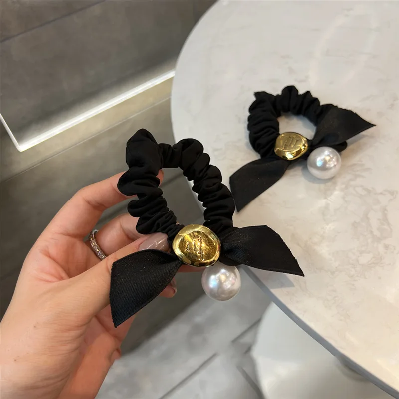 Korean Women Elegant Black Ribbon Bow Pearl Elastics Hair Band Girls Scrunchies Hair Ties Ladies Ponytail Hold Hair Accessories