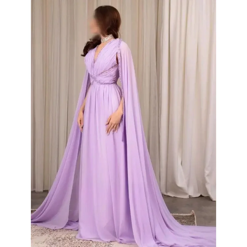 

Saudi Arabia Chiffon Beads Sequins Prom Dress Watteau Train Ruched A-line Floor-length Customized Formal Evening Party Dresses