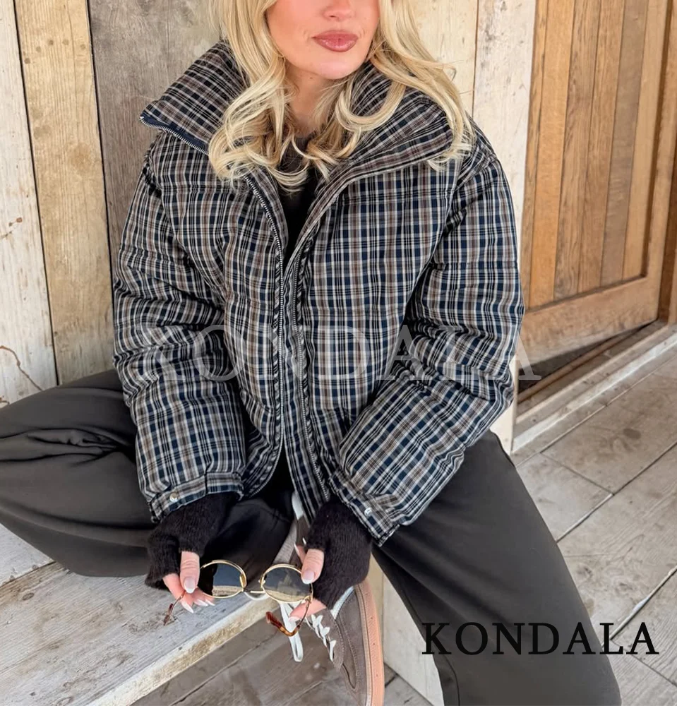 KONDALA Trendy Vintage Plaid Padding Jacket Women Stand-up Collar Zipper Jacket 2026 Fall Winter Chic High Street Casual Jacket
