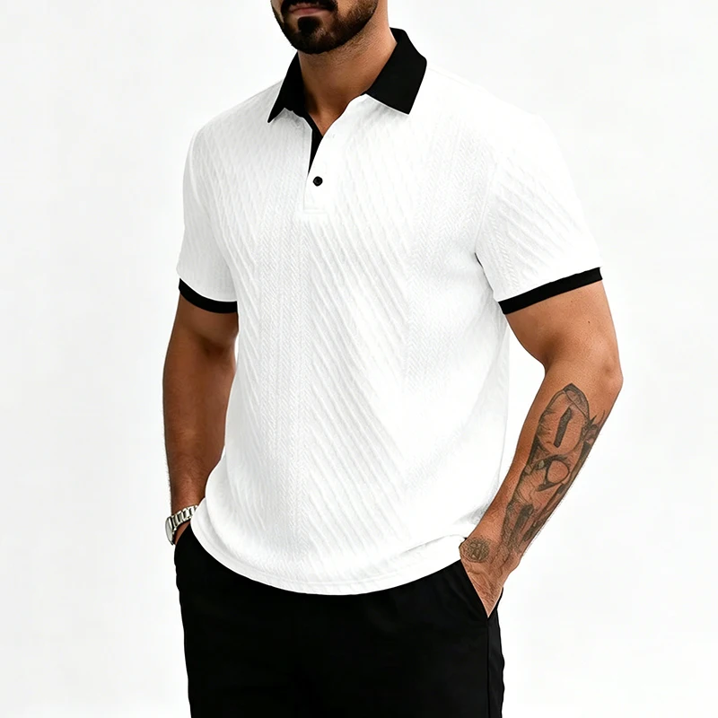 2026 Summer Men's Jacquard Knit Polo Shirt Contrast Collar Short Sleeve Loose Fit Soft Breathable Casual Sport Daily Wear Tops