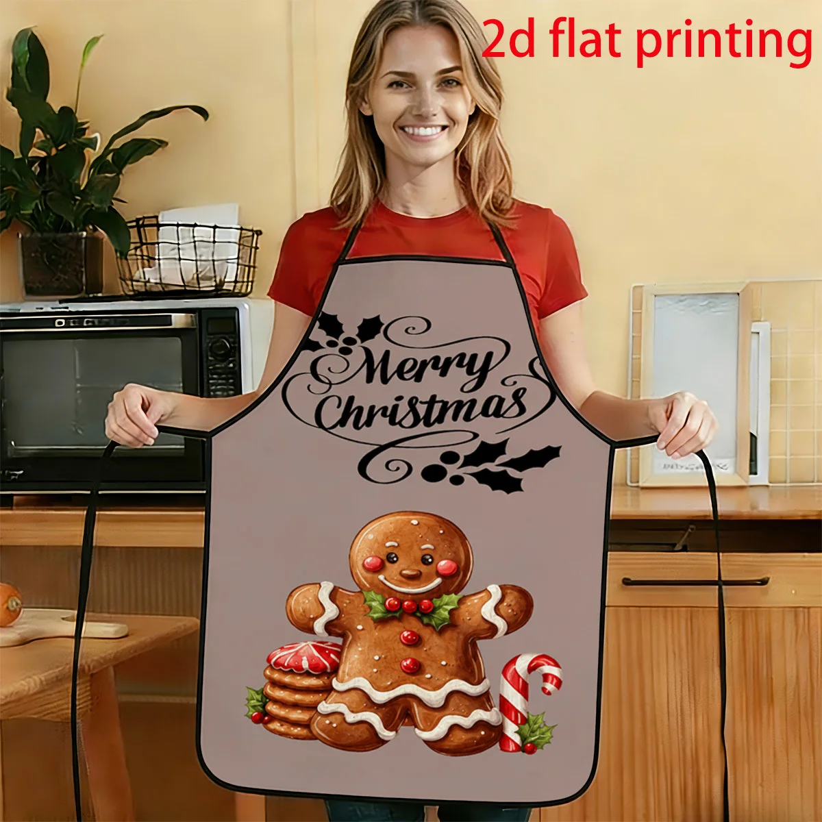 1pc 2D Flat Western Retro Style Christmas Gingerbread Man And Blessing Letter Pattern Printed Apron Durable And Easy To Clean Ad