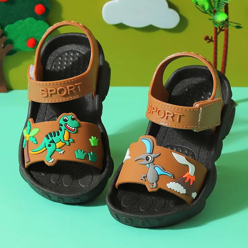 Sandaliassandalias de dibujos animados para niños, zapatos de playa de suela suave para niño, zapatos antideslizantes para caminar para bebé, zapatos planos de dinosaurio para niños, novedad de verano