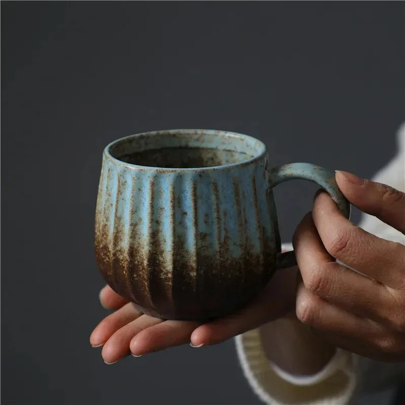 Vintage Vertical Striped Ceramic Mug 380ml Kiln Change Retro Coarse Pottery Coffee Cup Water Cup Home Office Breakfast Drinkware