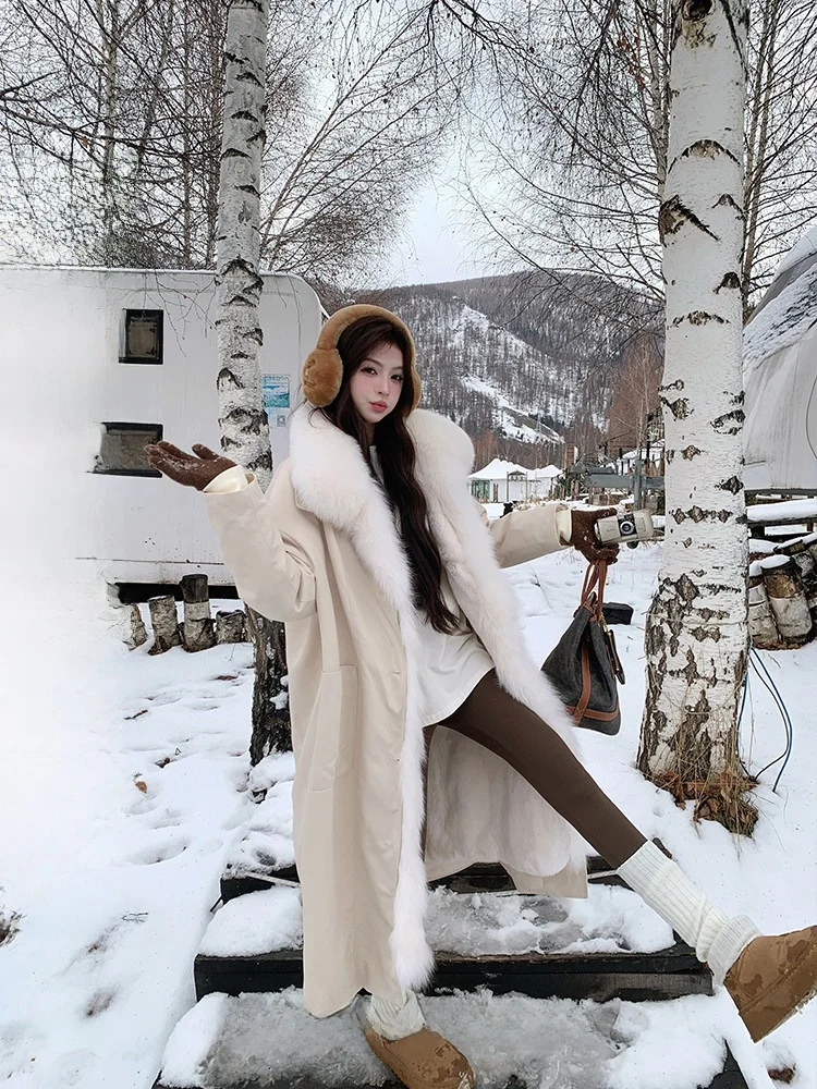 

eenwich Long Parka Coat Fur Collar Detachable Rabbit Fur Inner Winter Fur Coat Women's Faion Outerwear Coat