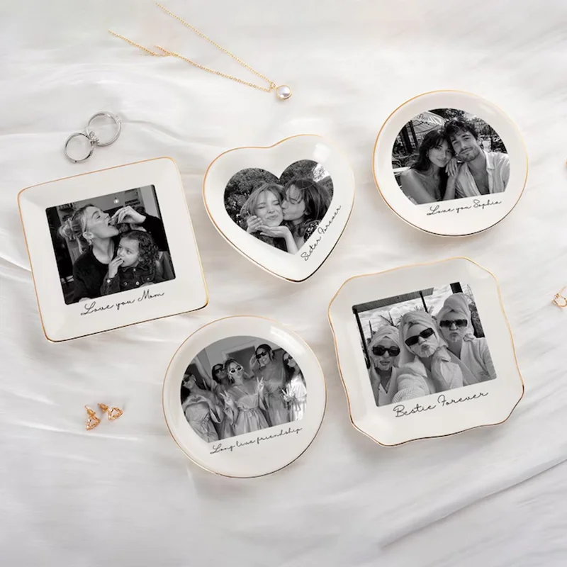 Custom Photo and Text Ceramic Trinket Dish Personalized B&w Picture Text Ring Tray Jewelry Holder Family Couple Memorial Gift