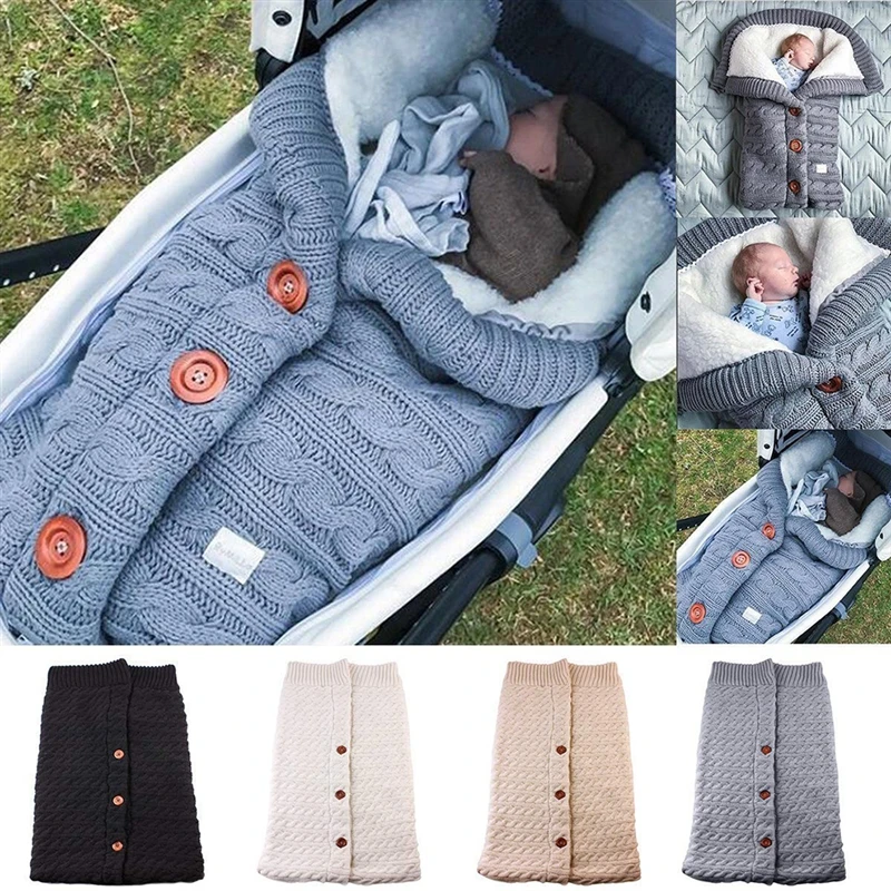 Newborn Baby Winter Stroller Sleeping Bags Infant Outdoor Button Knit Warm Swaddle Wrap Toddler Thick Blanket Baby Sleeping Bag