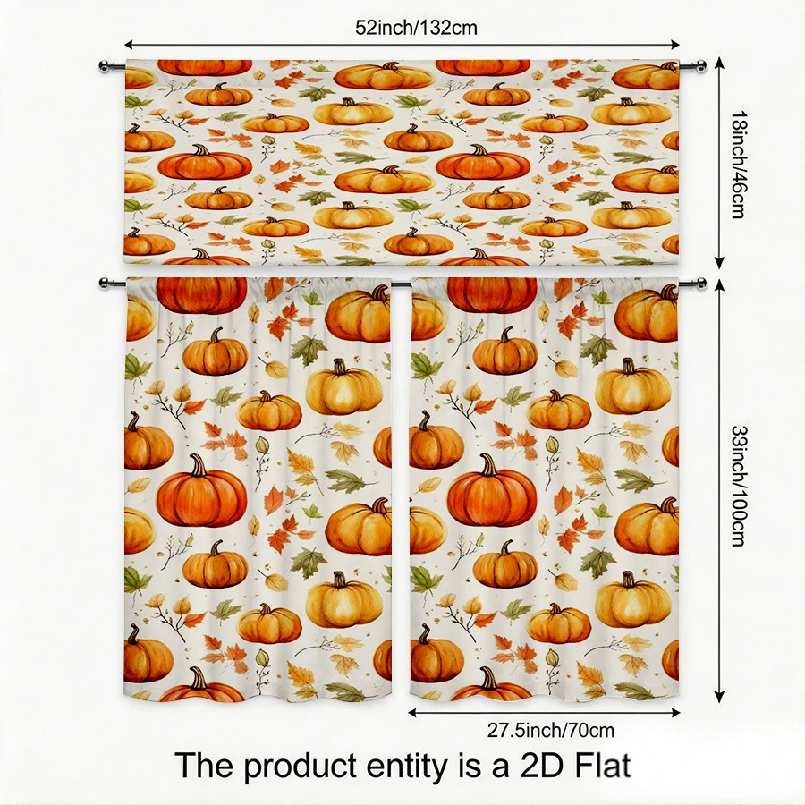 Thanksgiving Fall Kitchen Curtains, Pumpkin Maple Pattern, Digital Print, Kitchen Dining Room, Rod Pocket Polyester, Home Decor