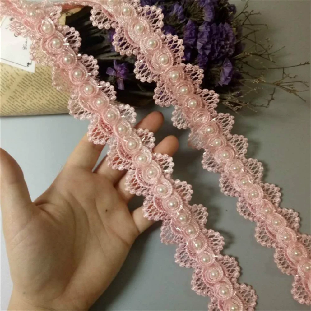 2 yard Pink Pearl Beaded Flower Embroidered Lace Trim Ribbon Floral Applique Patches Wedding Dress Fabric Sewing Craft 4cm