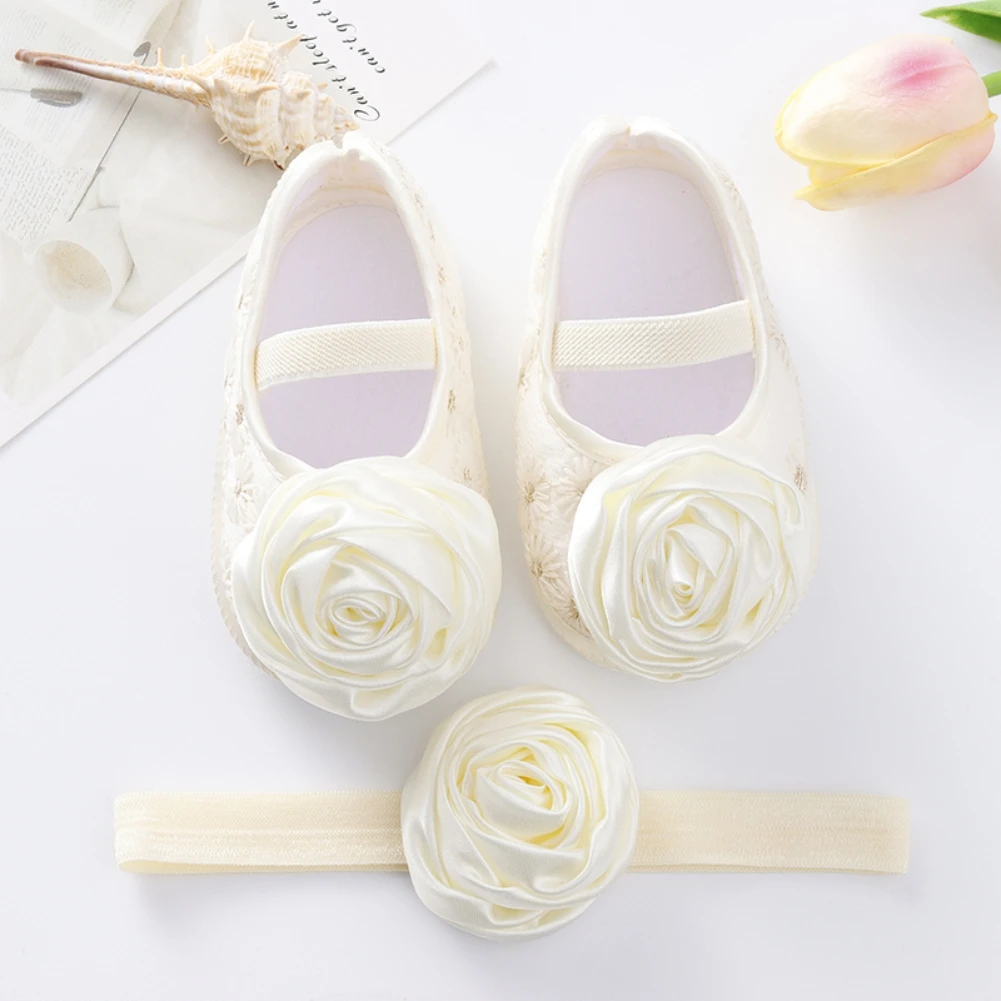 Baywell Newborn Baby Shoes Baptism + Hair Band Baby Girl Flower First Walker Toddler Cute Baby Soft Prewalker 0-12 Months