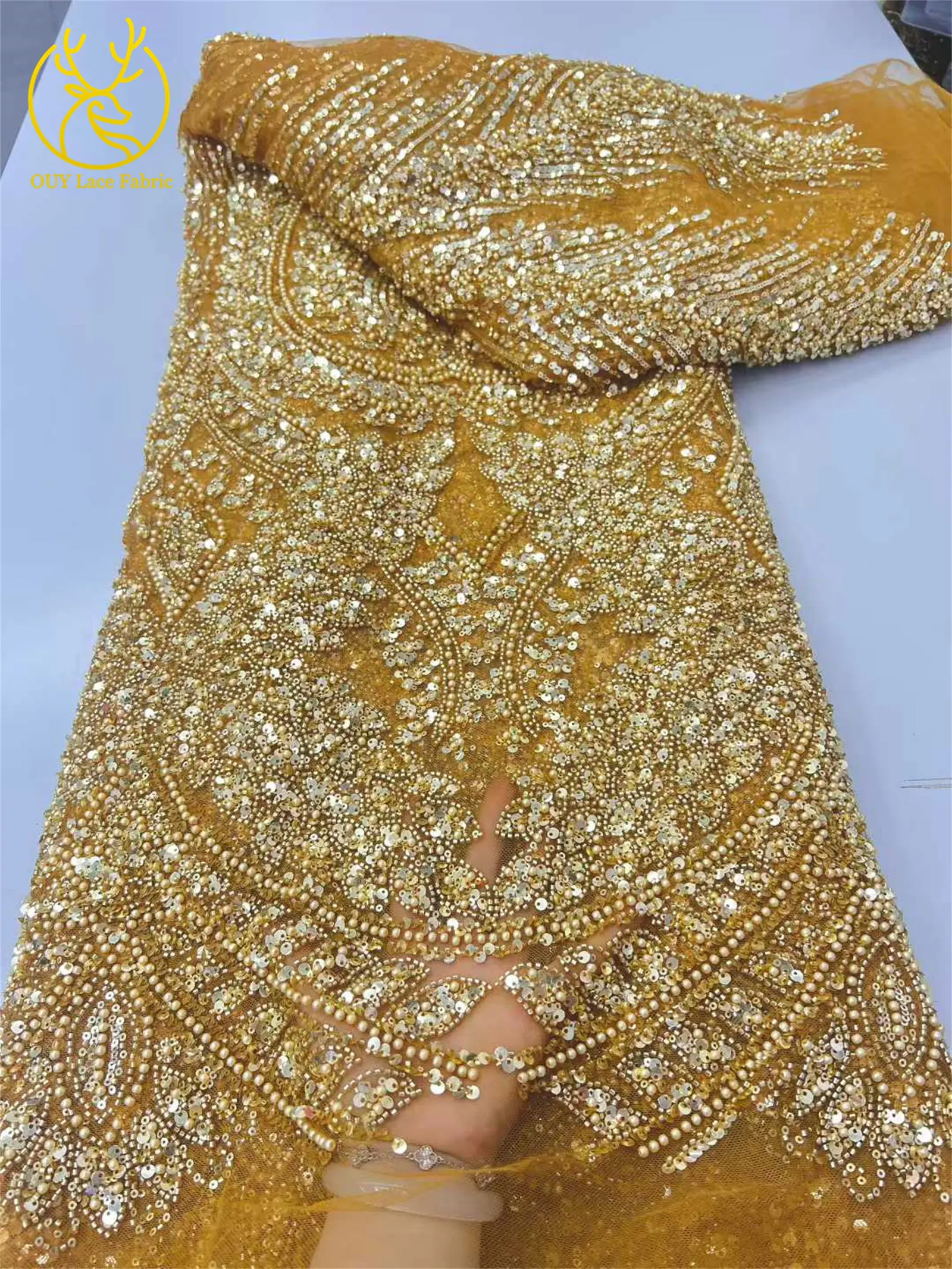 2026 Afrikanischer Spitzenstoff, hochwertiger Kaffeebrauner französischer Spitzenstoff mit Perlen und Pailletten, nigerianischer Braut-Mesh-Spitzenstoff, 5 Yards – Detail 6