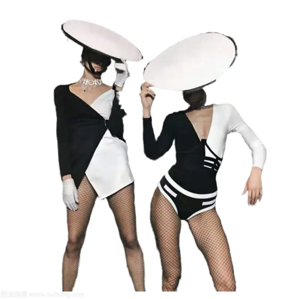新しい黒と白の誇張された大きなフェルト帽子結合女性ソング dj ショーダンスチーム ds バーゴーゴー衣装ドラッグクイーン衣装セット