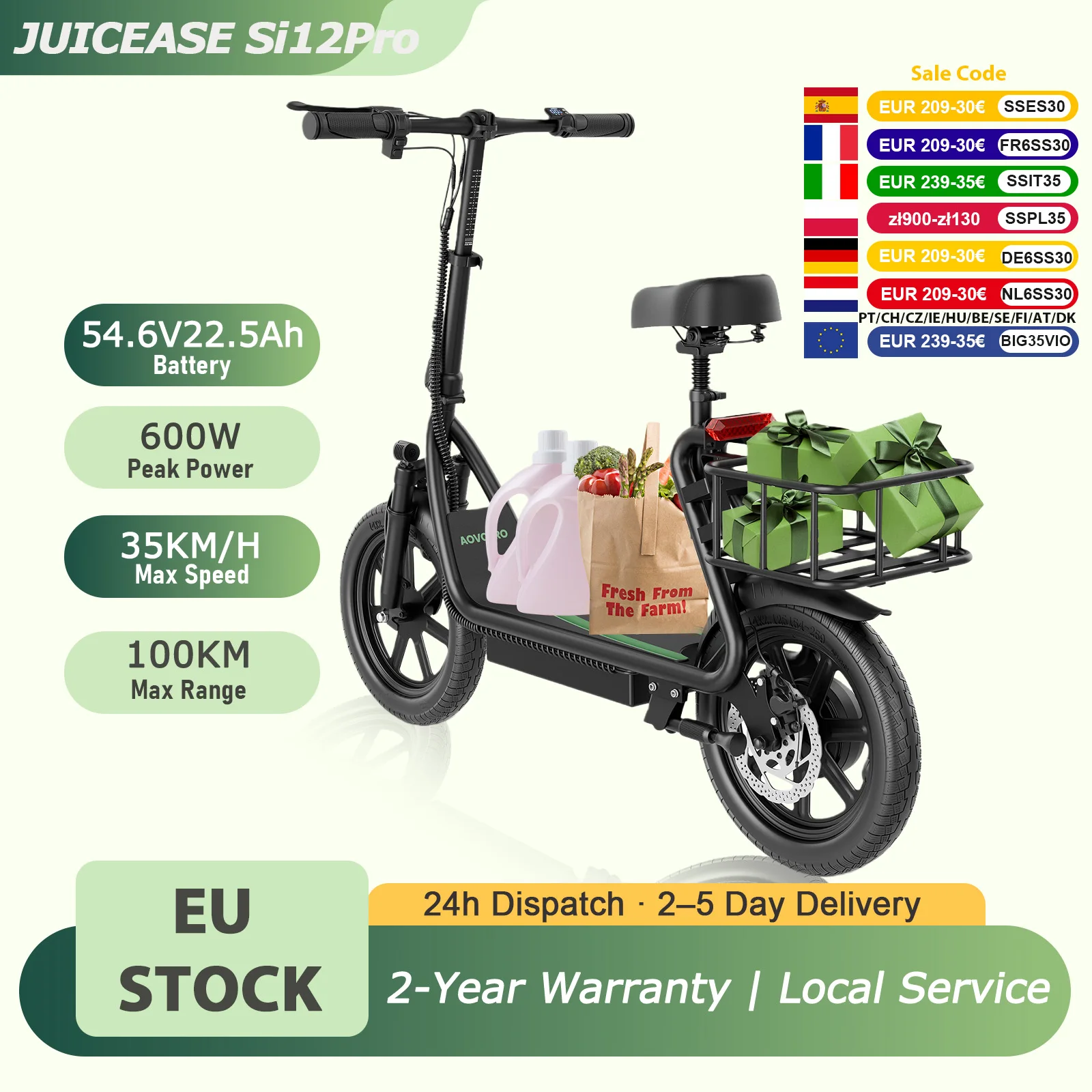 Bicicleta Eléctrica JUICEASE Si12 con Potencia Máxima de 600W, Scooter Eléctrico con Batería de Gran Capacidad de 54.6V 22.5Ah, 100KM de Autonomía, Scooter Eléctrico de 14 Pulgadas con APP