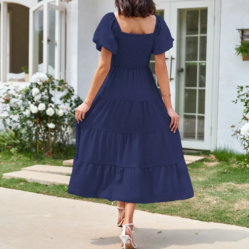 Women's Elegant Dress Solid Colour Square Neck Backless Bubble Sleeve Pleated Short Sleeve Dresses Fashion All-match Date Dress image 5