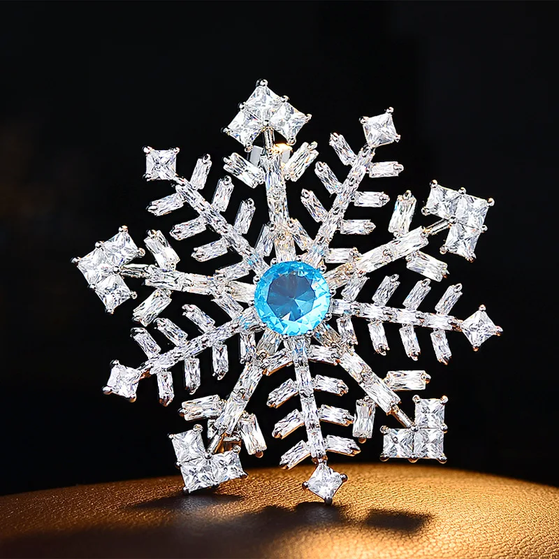 Chinese Style Auspicious Blue Snowflake Brooch Shiny Cz Inlaid Silver Tone Lucky Winter Pin For Women Coat Scarf Work Daily Wear