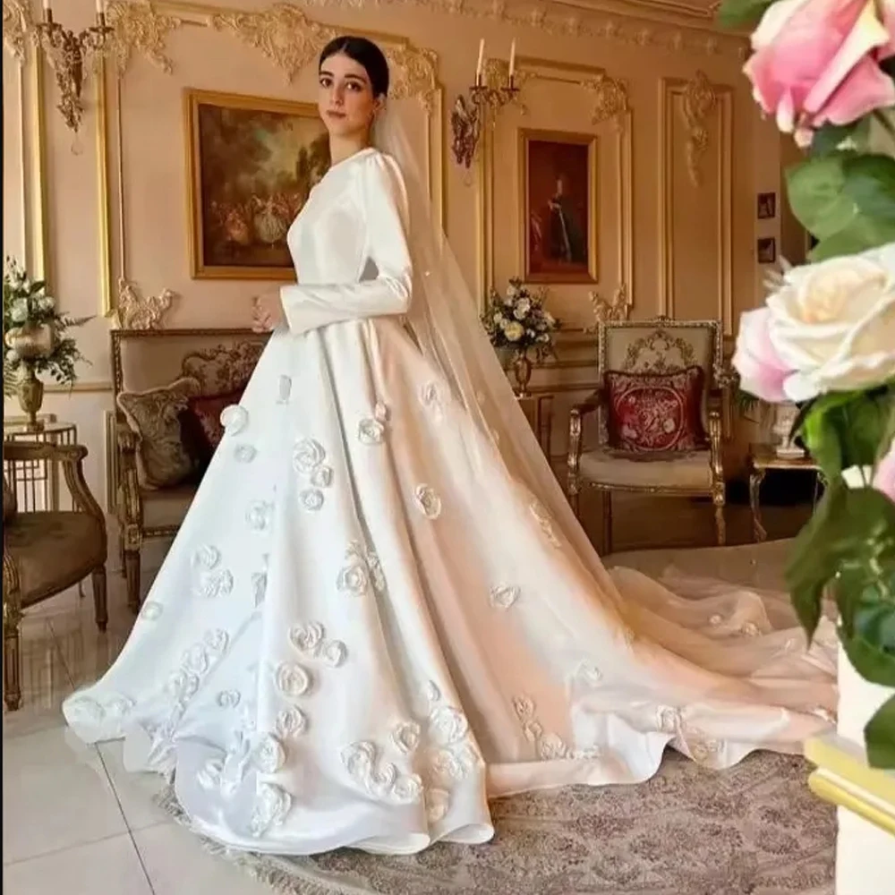 

Customized Flower Muslim Wedding Dresses O Neck Long Sleeve Islam Bride Gown A Line Satin vestidos de novia
