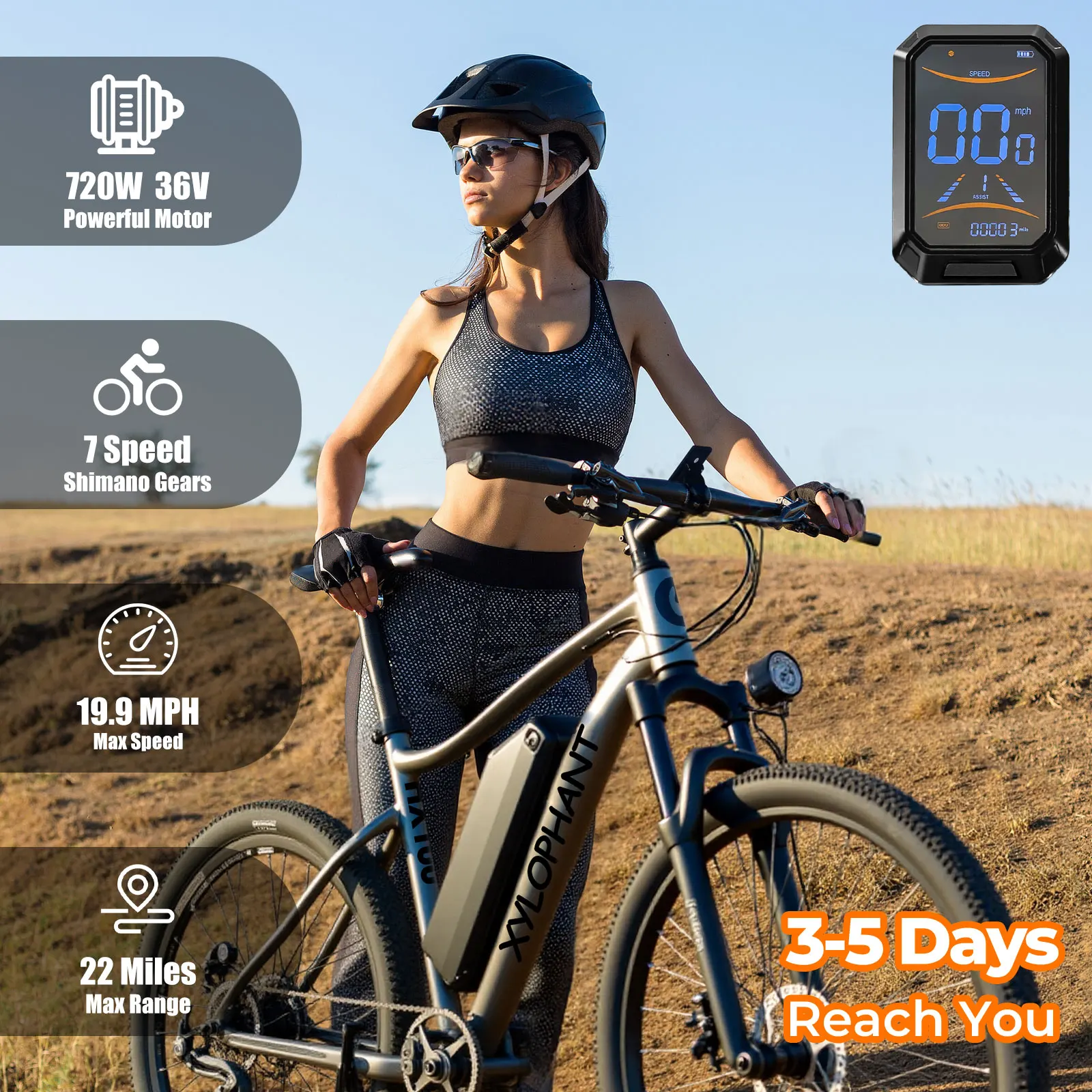 

720W E-Bike Commuter 26x2" Tires 36V 10.4Ah Removable battery LCD Display 20MPH 7-Speeds Front shock absorber Disc Brakes