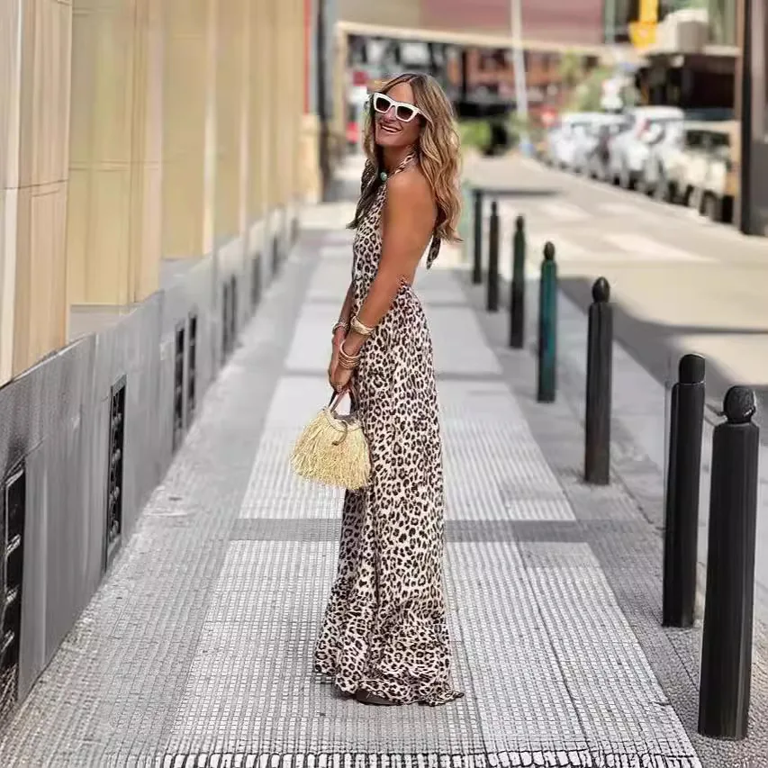 Sexy Spaghetti Strap Deep V Neck Leopard Long Dress Women 2024 Summer Backless Loose Casual Boho Vacation Dresses For Women