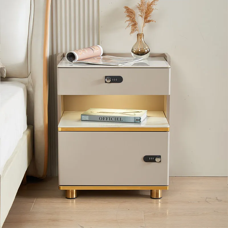 Locked light luxury bedside table Household environmental protection Ou Song board Smart bedroom Simple modern rock slab Multifu